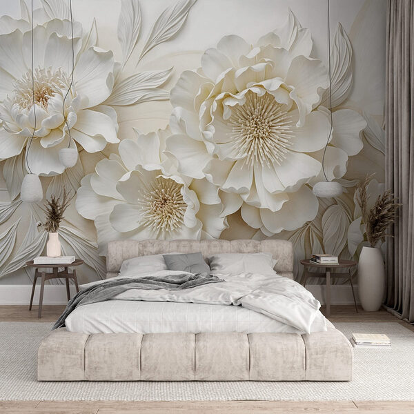 Fotobehang Witte bloemen met bladeren