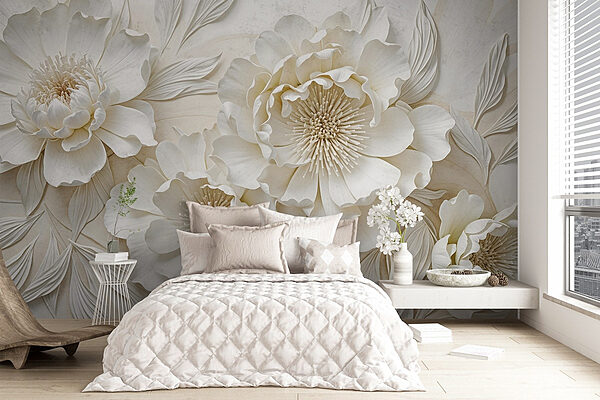 Witte bloemen met bladeren Fotobehang Witte bloemen met bladeren