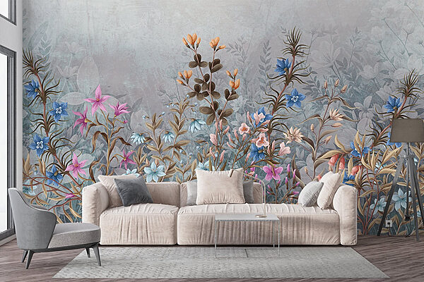 Schilderij van bloemen en bladeren Fotobehang Schilderij van bloemen en bladeren