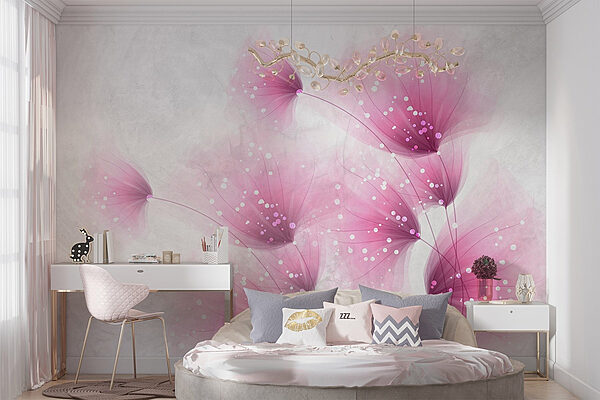 Roze bloemen met witte stippen Fotobehang Roze bloemen met witte stippen