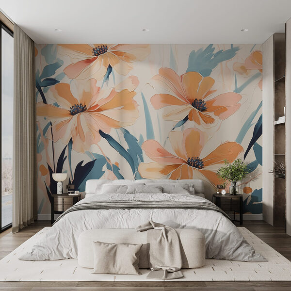 Schilderij van bloemen op een wit oppervlak Fotobehang Schilderij van bloemen op een wit oppervlak