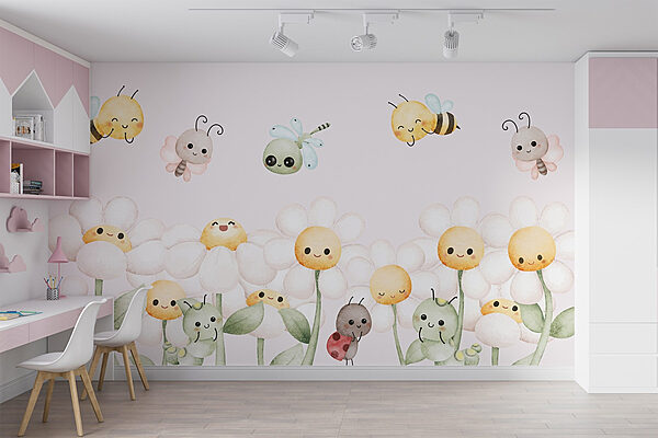 Groep cartoon insecten en bloemen Fotobehang Groep cartoon insecten en bloemen
