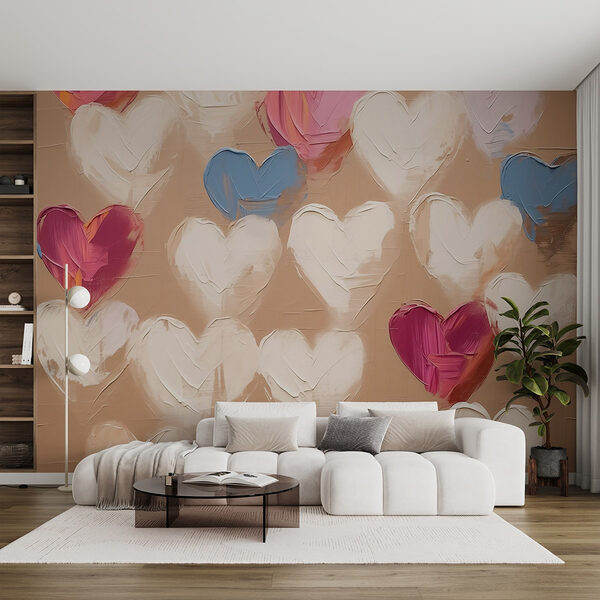 Kleurrijke harten op een canvas achtergrond Fotobehang Kleurrijke harten op een canvas achtergrond