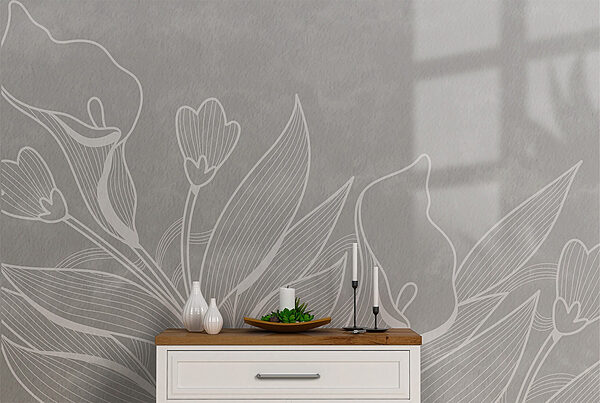 Witte lijntekening van bloemen Fotobehang Witte lijntekening van bloemen