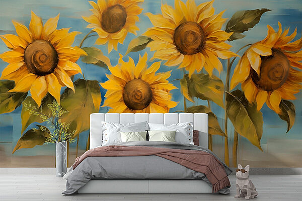 Schilderij van zonnebloemen op een muur Fotobehang Schilderij van zonnebloemen op een muur