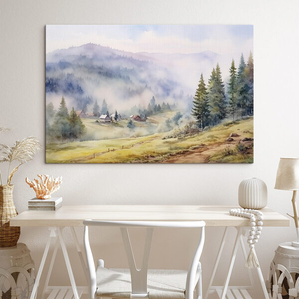 Aquarel van een dorp in de bergen Canvas Schilderijen Aquarel van een dorp in de bergen