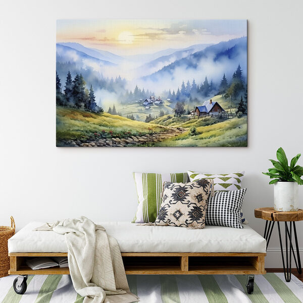 Schilderij van een dorp in de bergen Canvas Schilderijen Schilderij van een dorp in de bergen