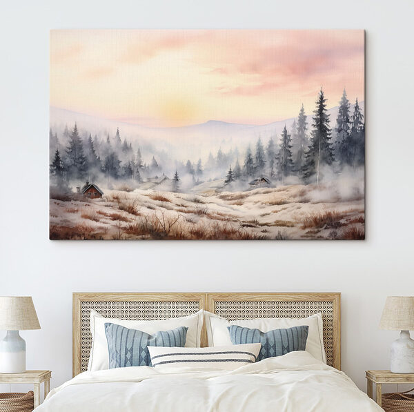 Landschap met bomen en mist Canvas Schilderijen Landschap met bomen en mist