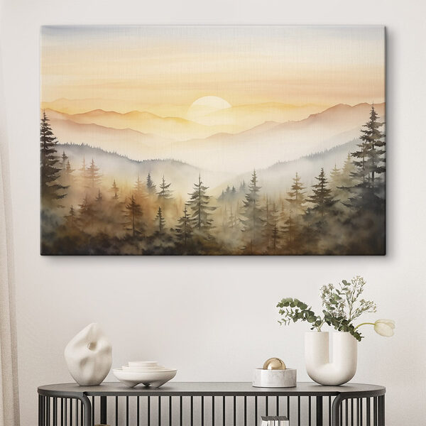 Aquarel van een bos en bergen Canvas Schilderijen Aquarel van een bos en bergen