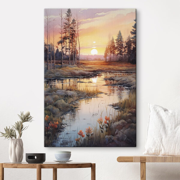 Aquarel van een rivier met bomen en een zonsondergang Canvas Schilderijen Aquarel van een rivier met bomen en een zonsondergang