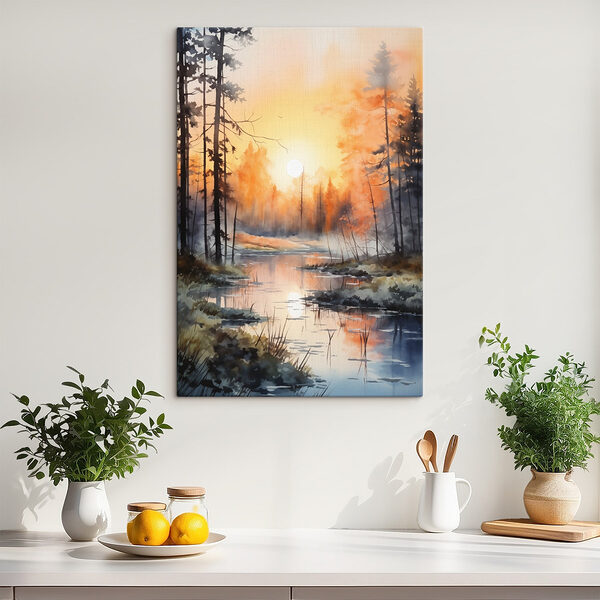 Aquarel van een rivier met bomen en planten Canvas Schilderijen Aquarel van een rivier met bomen en planten