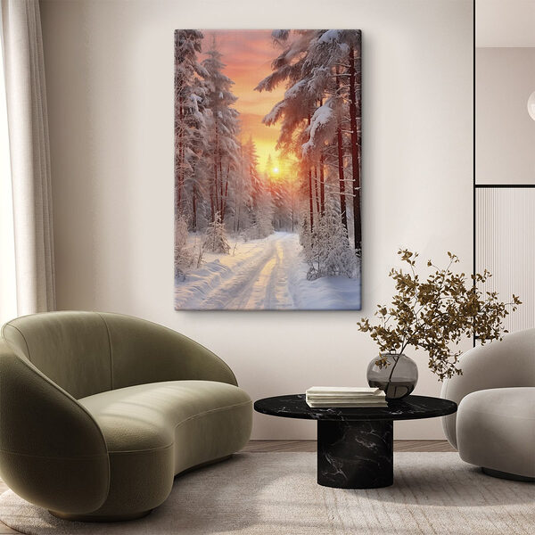 Besneeuwde weg in een bos Canvas Schilderijen Besneeuwde weg in een bos