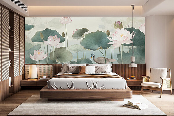 Eend in een vijver met lotusbloemen Fotobehang Eend in een vijver met lotusbloemen