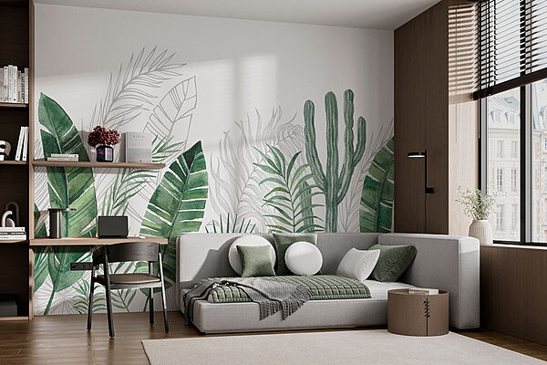 Groep groene bladeren en cactussen Fotobehang Groep groene bladeren en cactussen