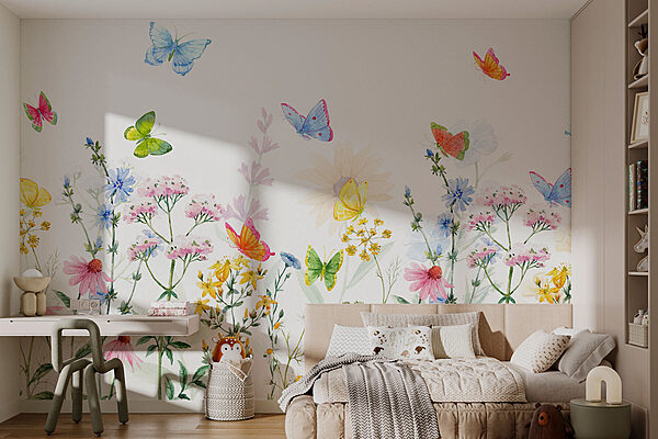 Fotobehang Schilderij van bloemen en vlinders (Artikelnummer: w02238) Fotobehang Fotobehang Schilderij van bloemen en vlinders (Artikelnummer: w02238)