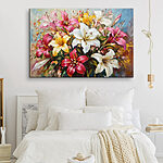 Canvas Schilderijen Schilderij van bloemen op een blauwe achtergrond