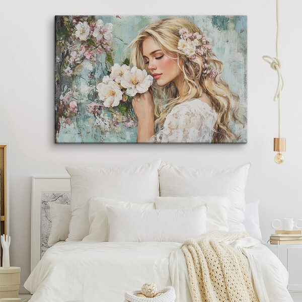 Schilderij van een vrouw die bloemen ruikt Canvas Schilderijen Schilderij van een vrouw die bloemen ruikt