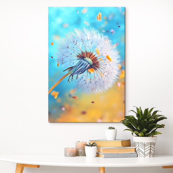 Paardenbloem met in de lucht vliegende zaadjes Canvas Schilderijen Paardenbloem met in de lucht vliegende zaadjes