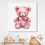 Canvas Schilderijen Roze teddybeer met strikje