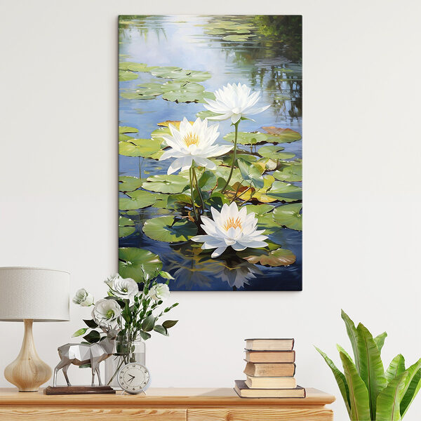 Groep witte bloemen in een vijver Canvas Schilderijen Groep witte bloemen in een vijver
