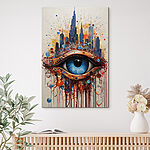 Canvas Schilderijen Schilderij van een blauw oog met een stad erachter