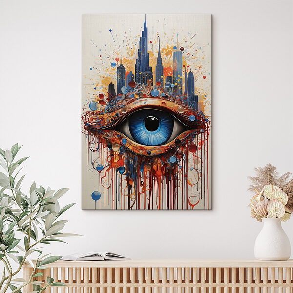 Schilderij van een blauw oog met een stad erachter Canvas Schilderijen Schilderij van een blauw oog met een stad erachter