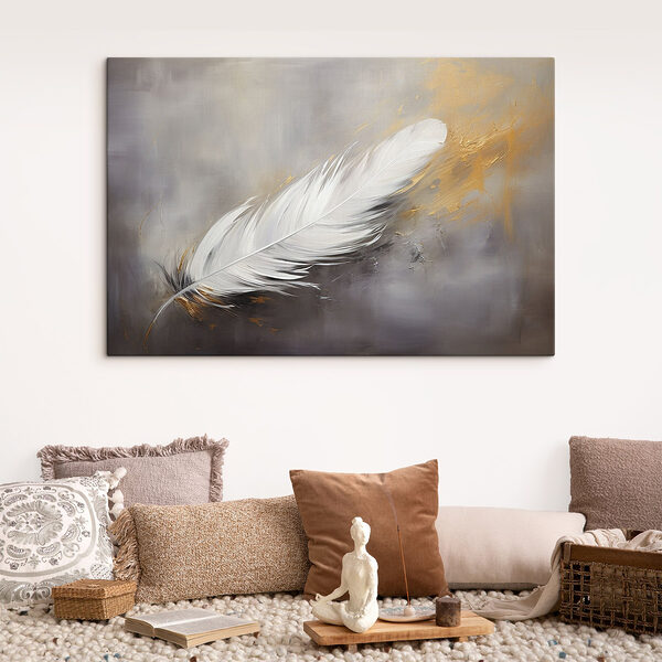 Witte veer op een grijze achtergrond Canvas Schilderijen Witte veer op een grijze achtergrond