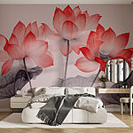 Fotobehang Groep roze bloemen met bladeren