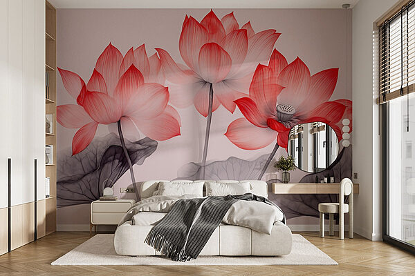 Groep roze bloemen met bladeren Fotobehang Groep roze bloemen met bladeren