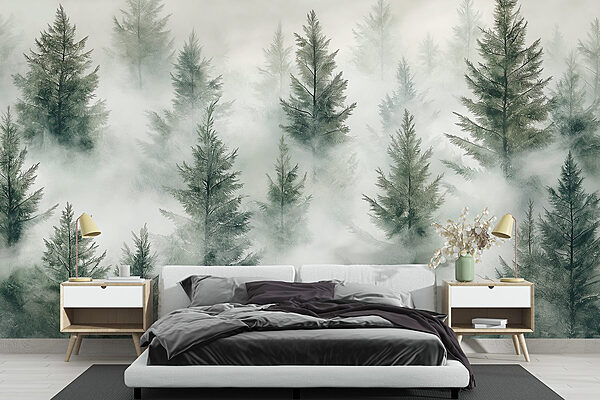 Groep bomen met mist Fotobehang Groep bomen met mist