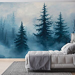 Fotobehang Mistig bos met bomen