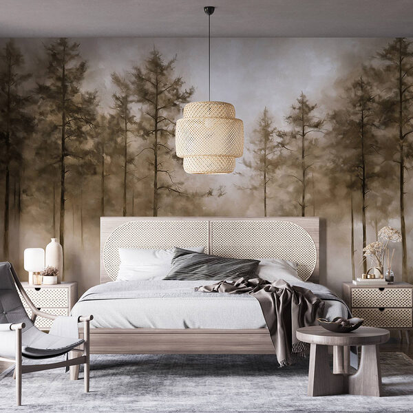 Mistig bos met bomen Fotobehang Mistig bos met bomen