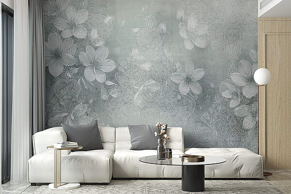 Witte bloemen op een grijze achtergrond Fotobehang Witte bloemen op een grijze achtergrond