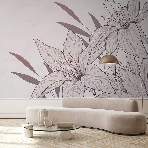 Tekening van bloemen en bladeren Fotobehang Tekening van bloemen en bladeren