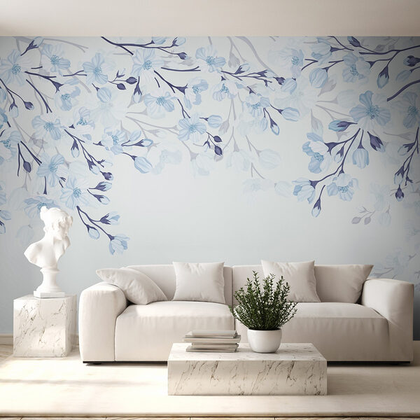 Fotobehang Fotobehang Witte en blauwe bloemen op een witte achtergrond (Artikelnummer: w02200v1)