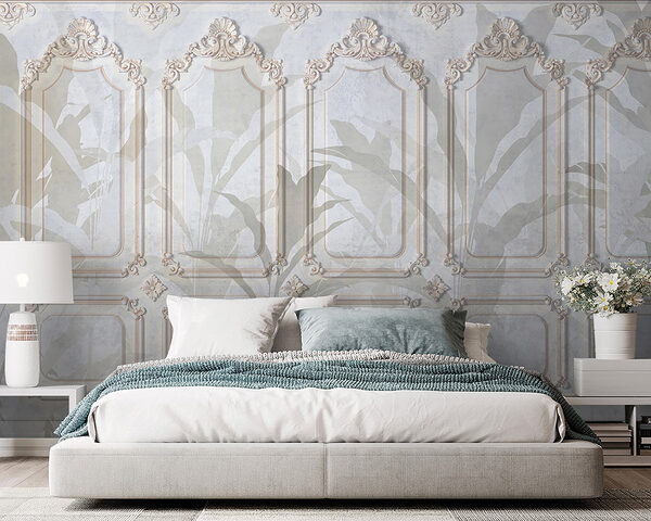 Muur met sierlijke witte en bruine motieven Fotobehang Muur met sierlijke witte en bruine motieven