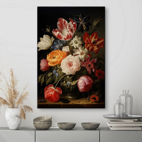Schilderij van bloemen op zwarte achtergrond Canvas Schilderijen Schilderij van bloemen op zwarte achtergrond