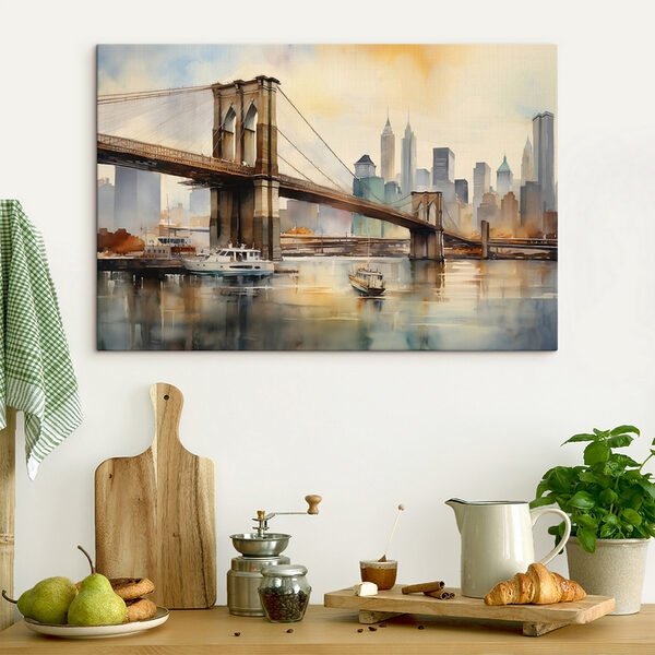 Aquarel van een brug en een stad Canvas Schilderijen Aquarel van een brug en een stad