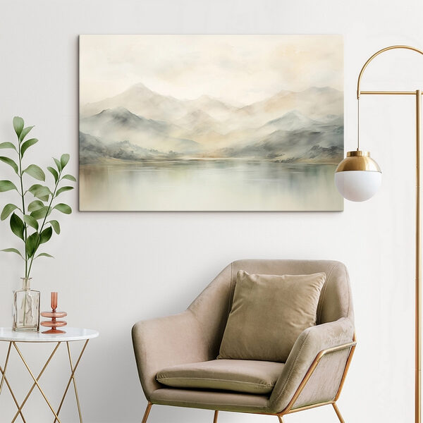 Aquarel van een meer met bergen in de verte Canvas Schilderijen Aquarel van een meer met bergen in de verte