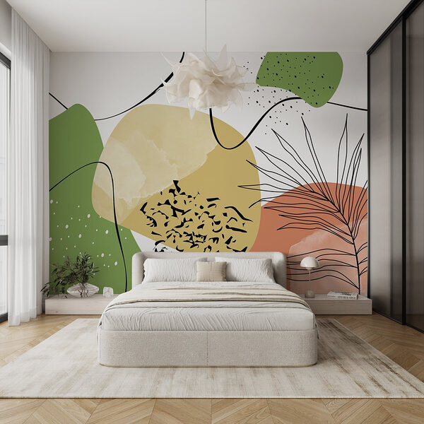 Kleurrijke kunst met zwarte en groene vormen Fotobehang Kleurrijke kunst met zwarte en groene vormen
