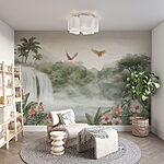Fotobehang Waterval met overvliegende vogels