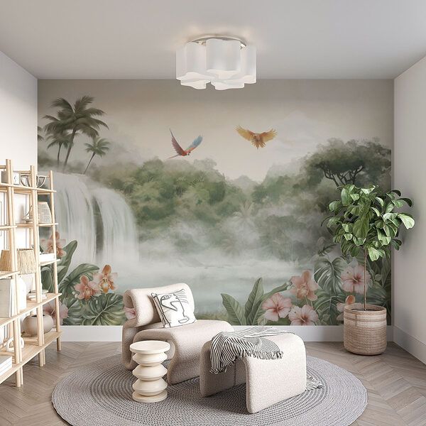 Fotobehang Waterval met overvliegende vogels