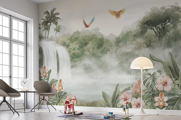 Waterval met overvliegende vogels Fotobehang Waterval met overvliegende vogels