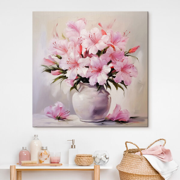 Schilderij van roze bloemen in een vaas Canvas Schilderijen Schilderij van roze bloemen in een vaas