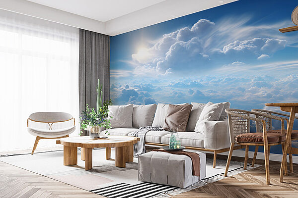 Wolken en blauwe lucht met wolken en de zon Fotobehang Wolken en blauwe lucht met wolken en de zon
