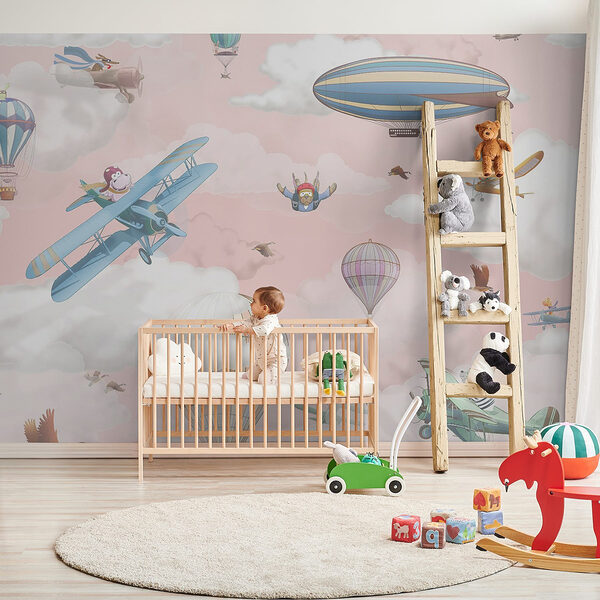 Behang met vliegtuigen en luchtballonnen Fotobehang Behang met vliegtuigen en luchtballonnen