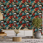 Fotobehang Patroon van bloemen en schedels