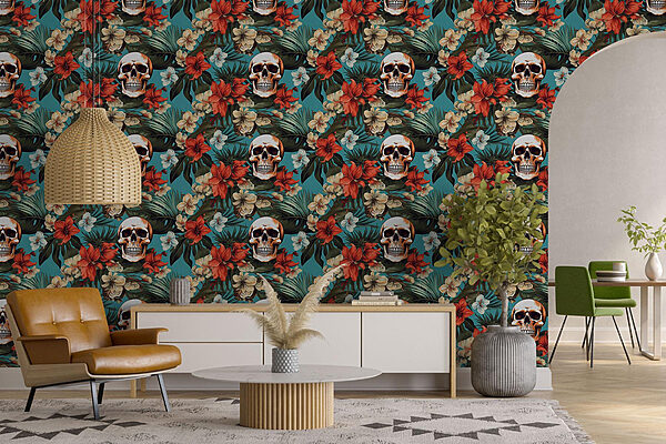 Patroon van bloemen en schedels Fotobehang Patroon van bloemen en schedels