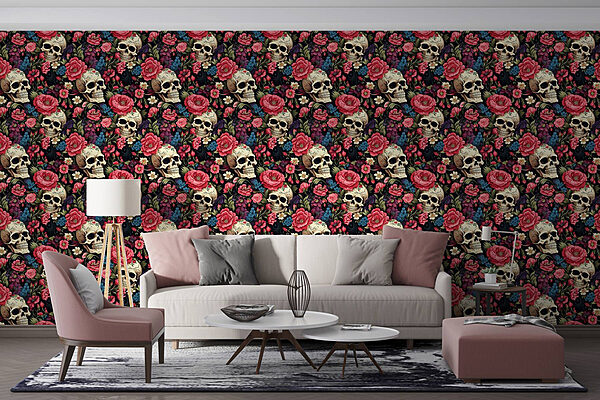 Patroon van schedels en bloemen Fotobehang Patroon van schedels en bloemen