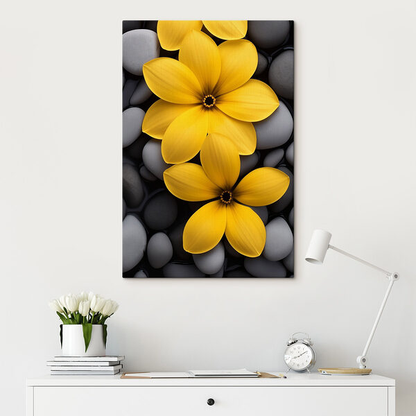 Gele bloemen op een stapel rotsen Canvas Schilderijen Gele bloemen op een stapel rotsen